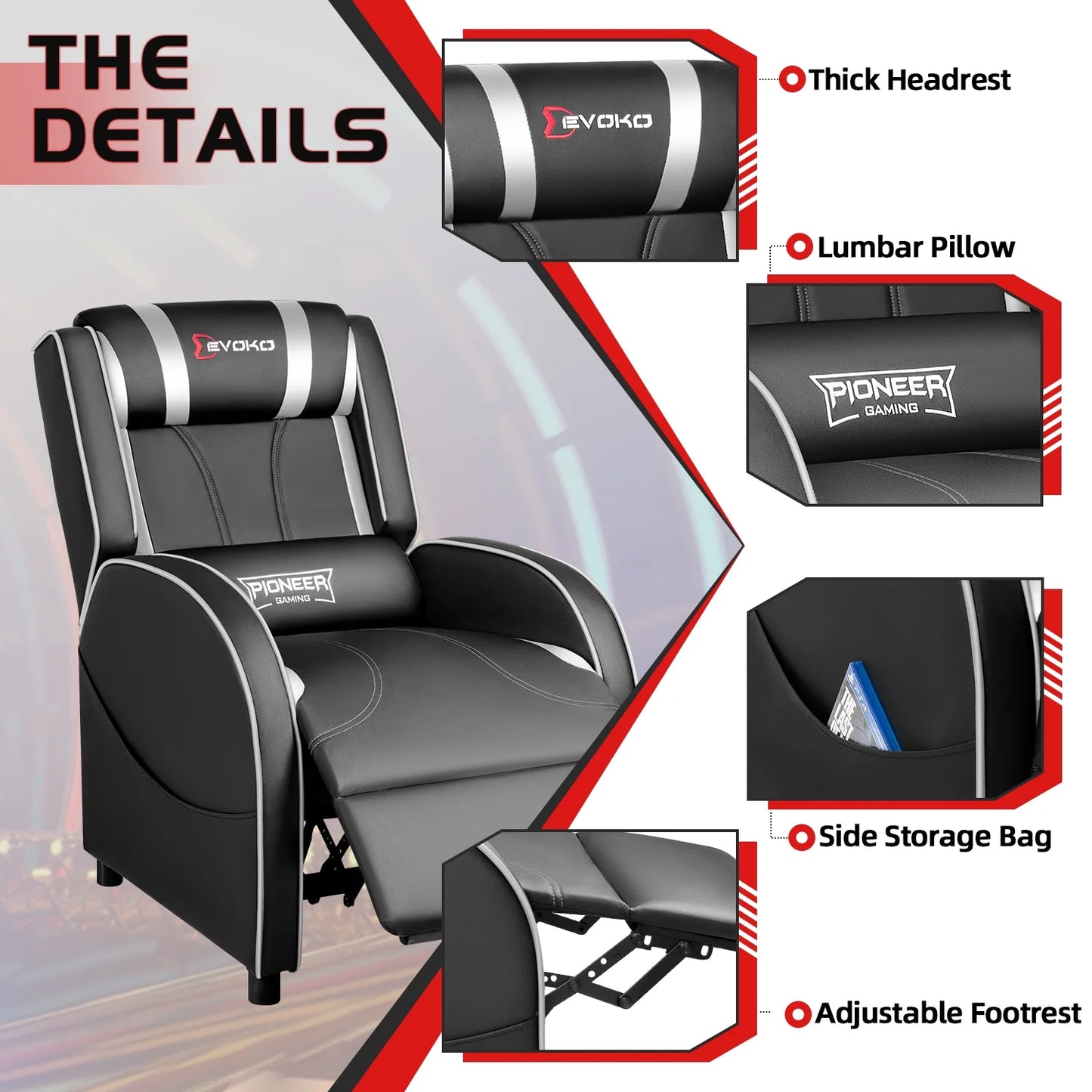 Massage Gaming Recliner Chair PU Leather Home Theater Seating Single Modern Living Room Sofa Recliners, Silver