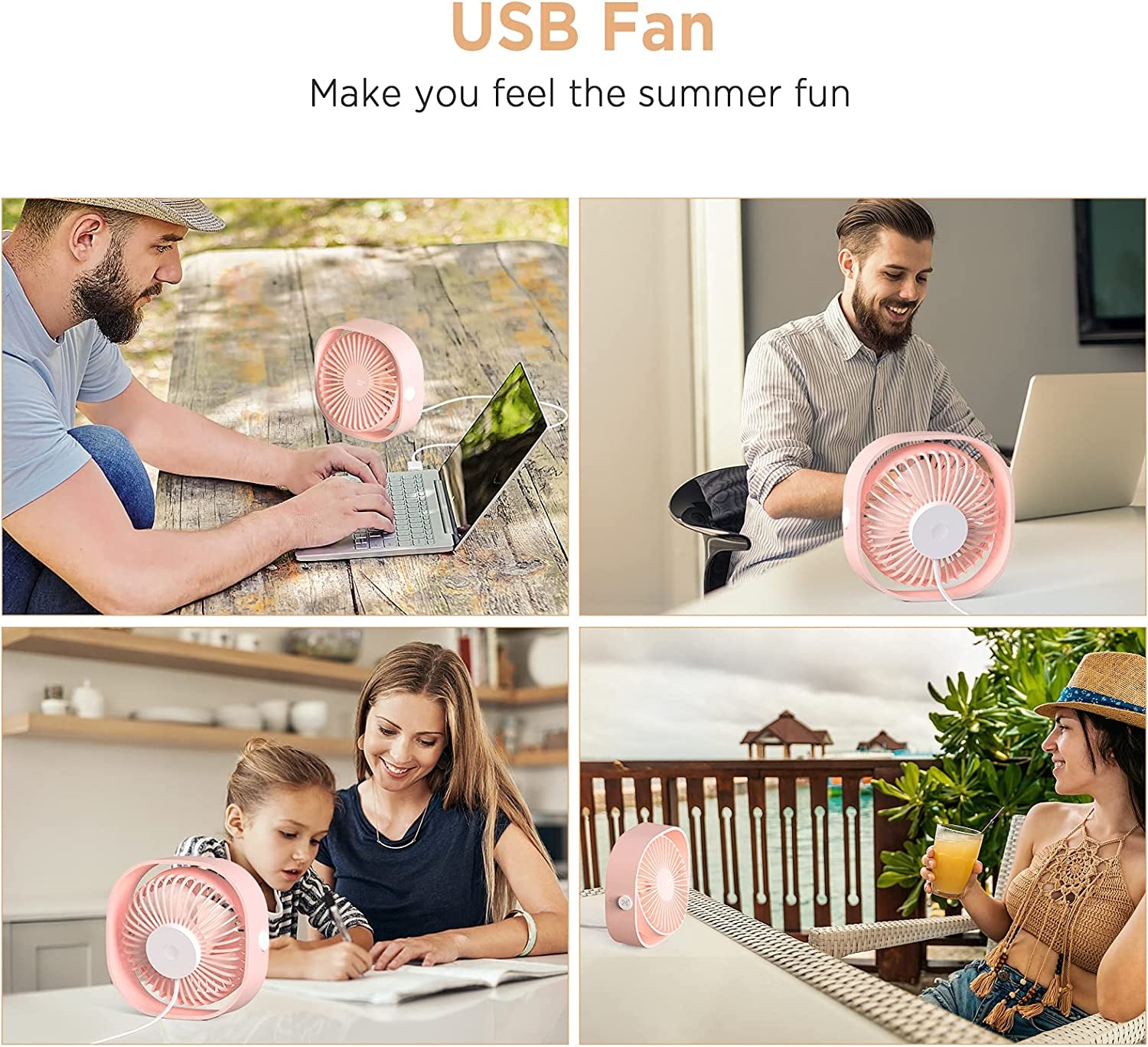 USB Desk Fan, 3 Speeds Mini USB Fan[Small Silent Pink Desk Fan] USB Portable Powered Fan, 360°Rotatable Personal Desktop Table Fan Travel Fan for Desk Home Bedroom Office, Pink (No Battery)