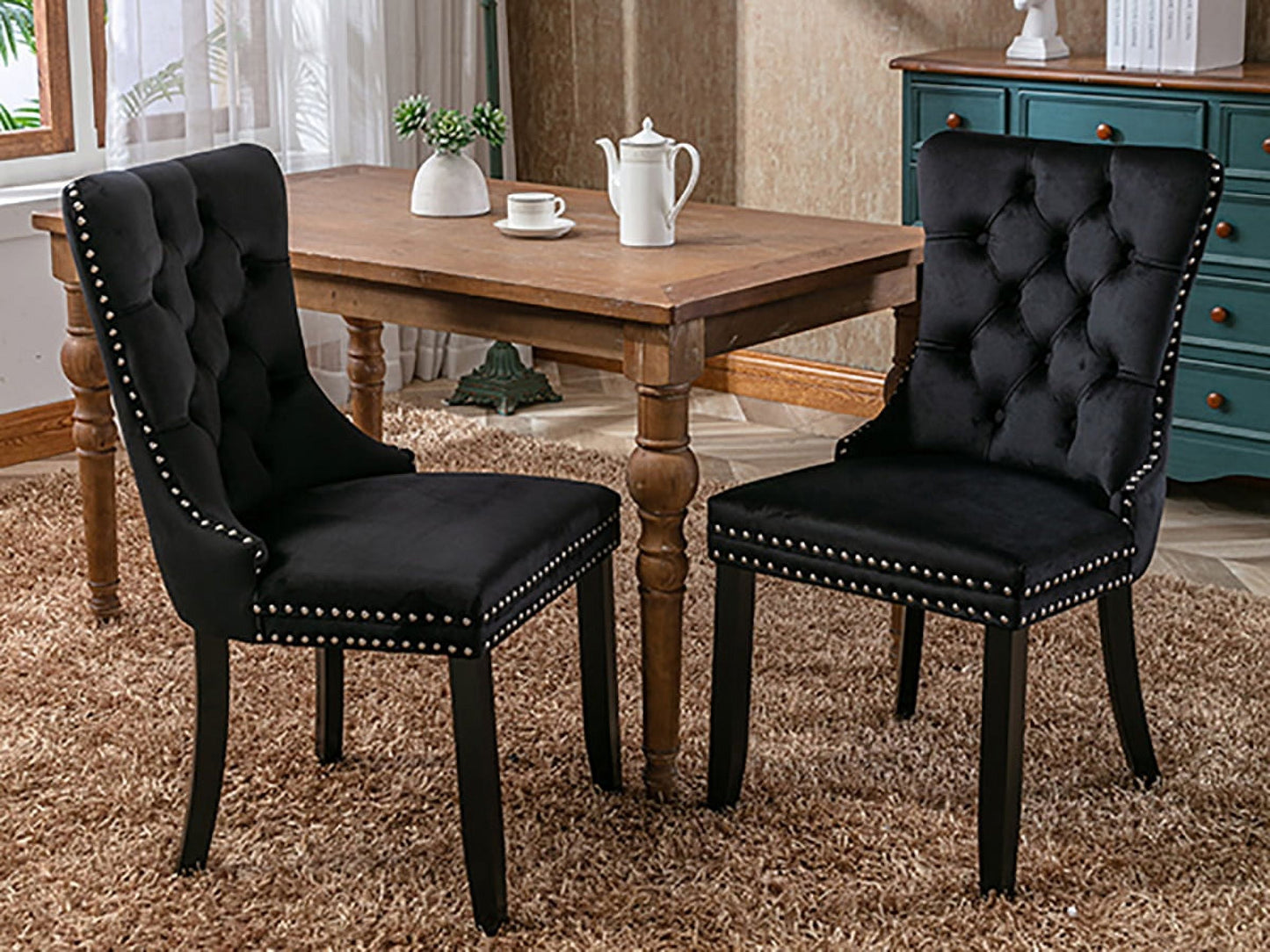 Black Velvet Dining Chairs Set of 2, Kitchen & Dining Room Chairs Set of 2, Tufted Dining Chairs, Velvet Upholstered Dining Chairs, Solid Wood Frame (Black, Set of 2)