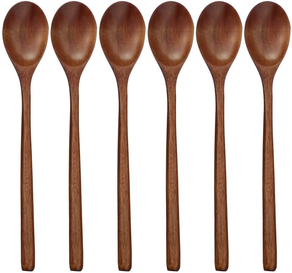 Wooden Spoons, 6 Pieces 9 Inch Wood Soup Spoons for Eating Mixing Stirring, Long Handle Spoon with Japanese Style Kitchen Utensil,  Eco Friendly Table Spoon