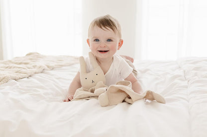 Organic Cotton Muslin Lovey Blanket, 100% Organic Cotton Muslin Bunny Security Blanket (Natural Sand)