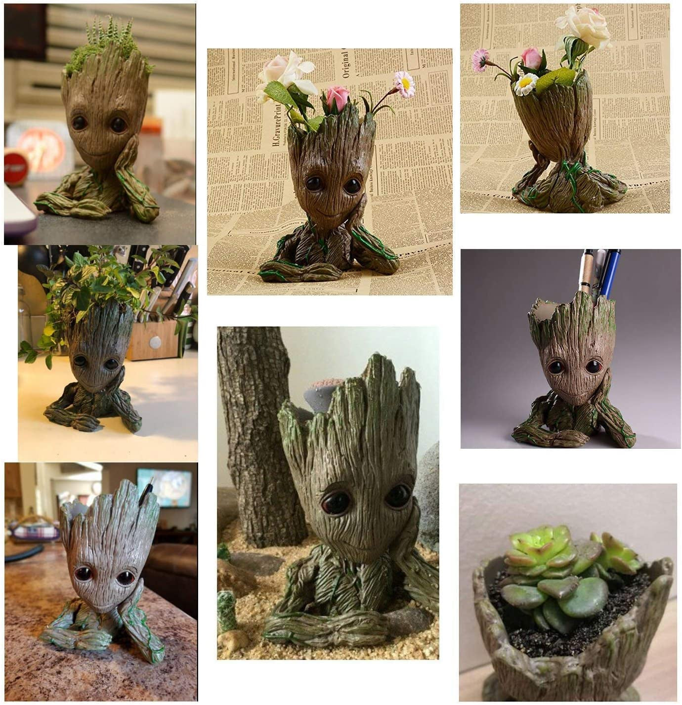 Baby Groot Pen Pot Tree Man Pens Holder or Flower Pot with Drainage Hole Perfect for a Tiny Succulents Plants 6" (Grayish Brown)