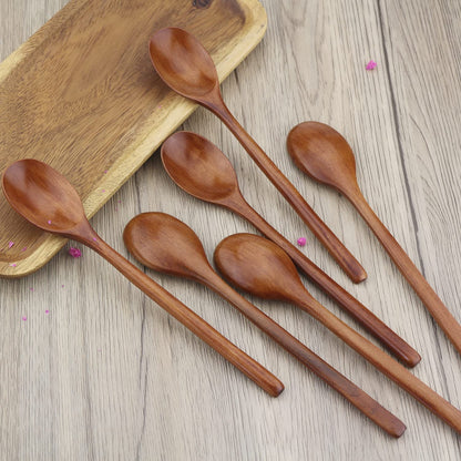 Wooden Spoons, 6 Pieces 9 Inch Wood Soup Spoons for Eating Mixing Stirring, Long Handle Spoon with Japanese Style Kitchen Utensil,  Eco Friendly Table Spoon