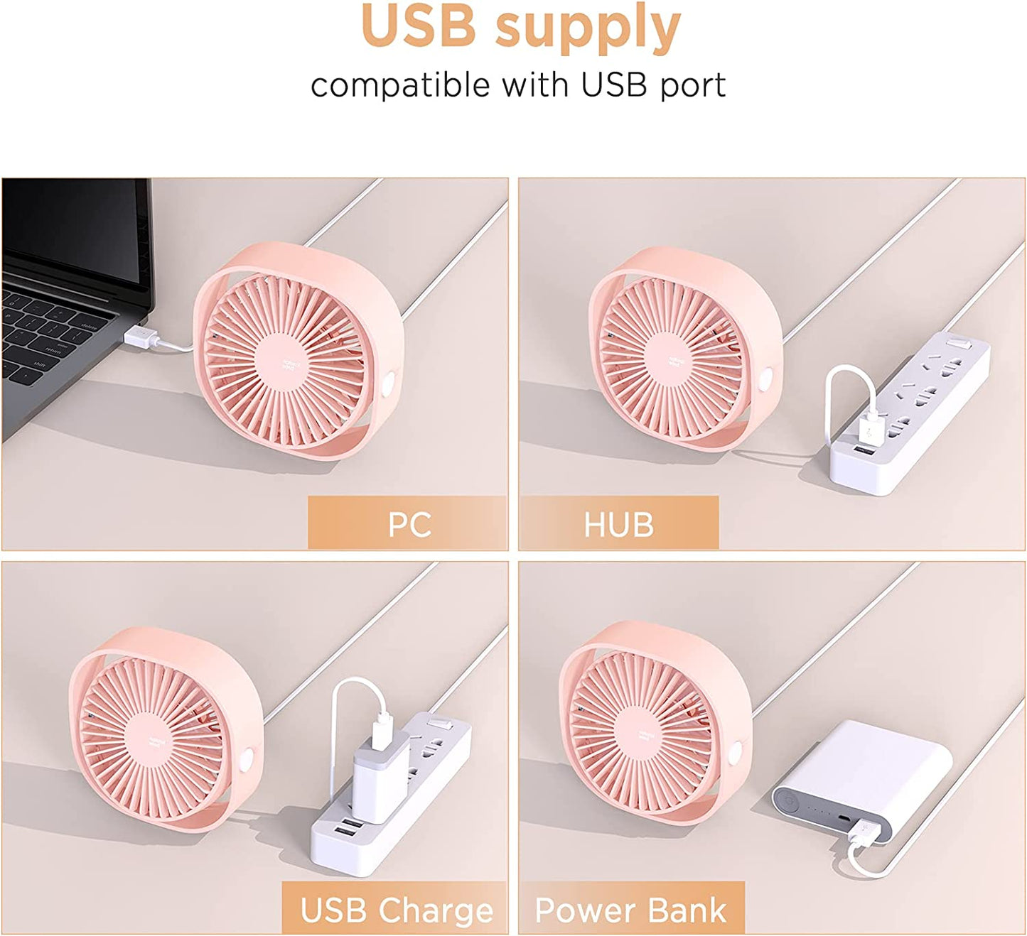 USB Desk Fan, 3 Speeds Mini USB Fan[Small Silent Pink Desk Fan] USB Portable Powered Fan, 360°Rotatable Personal Desktop Table Fan Travel Fan for Desk Home Bedroom Office, Pink (No Battery)