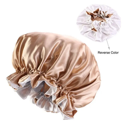 Women Double Layer Satin Sleep Bonnet Cap Large Solid Color Adjustable Elastic Ruffles Reversible Hair Loss round Night Hat