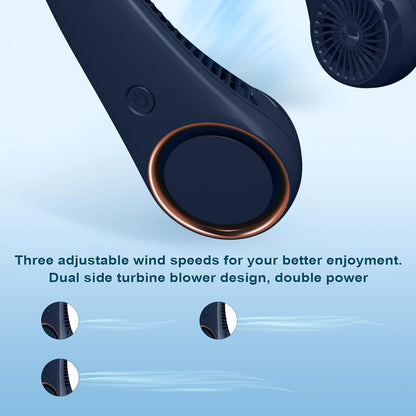 Portable Neck Fan,Hands Free Bladeless Fan,Cooling Personal Fan,3 Speeds Adjustment,78 Air Outlet,Headphone Design,Rechargeable, USB Powered Neck Fan for Outdoor Indoor-Dark Blue