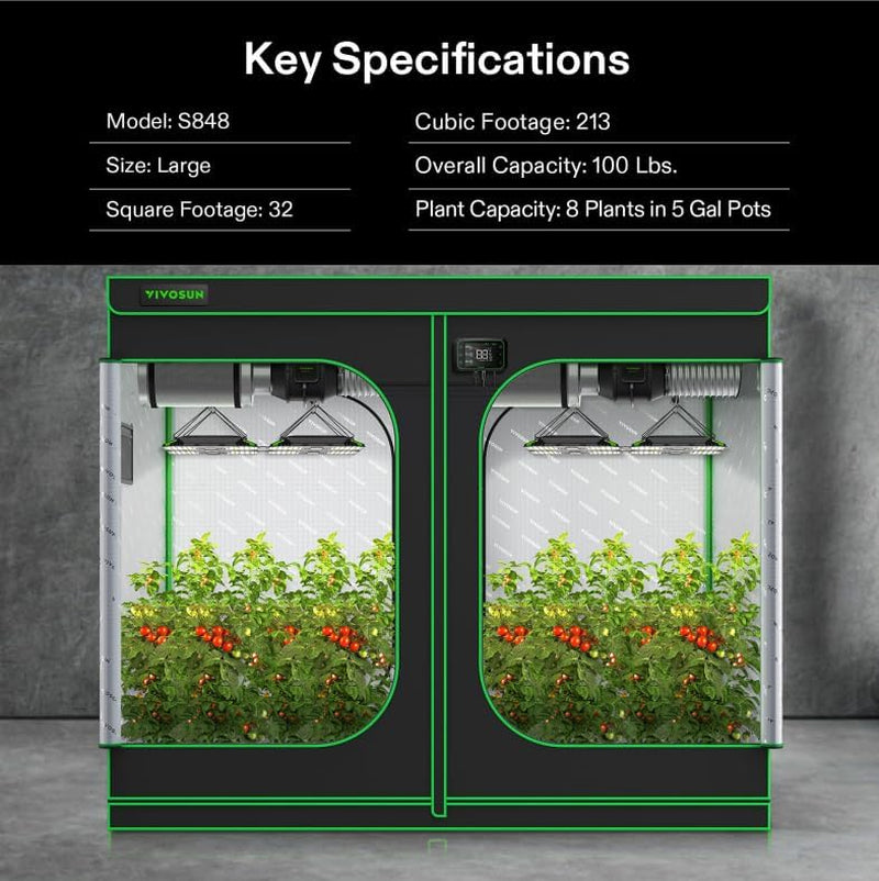 S888 8X8 Grow Tent, 96"X96"X80" High Reflective Mylar with Observation Window and Floor Tray for Hydroponics Indoor Plant for VS4000/VSF4300