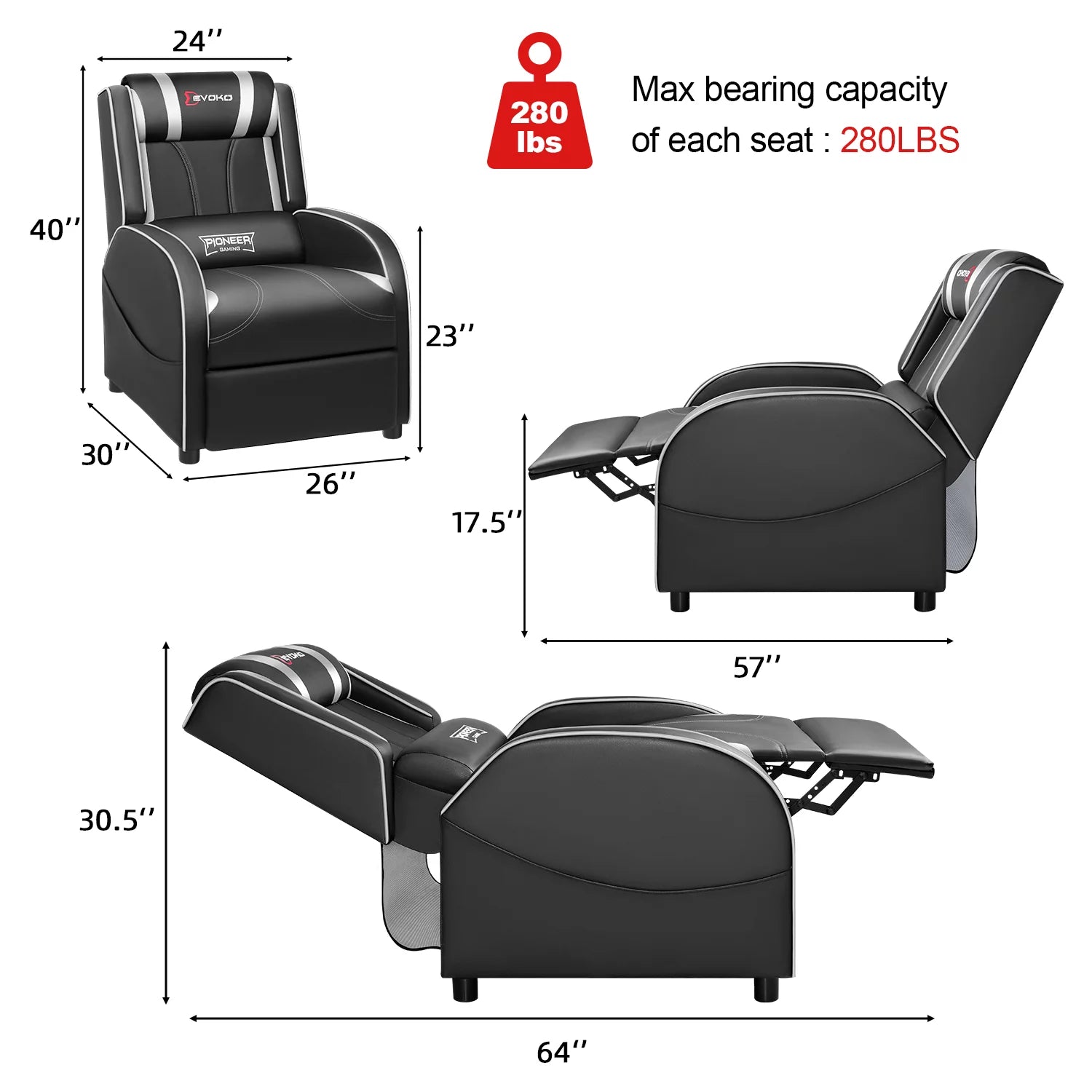 Massage Gaming Recliner Chair PU Leather Home Theater Seating Single Modern Living Room Sofa Recliners, Silver