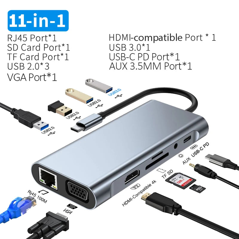 USB C Hub Type C to Hdmi-Compatible RJ45 5/6/8/11 Ports Dock with PD TF SD AUX Usb Hub 3 0 Splitter for Macbook Air Pro PC HUB