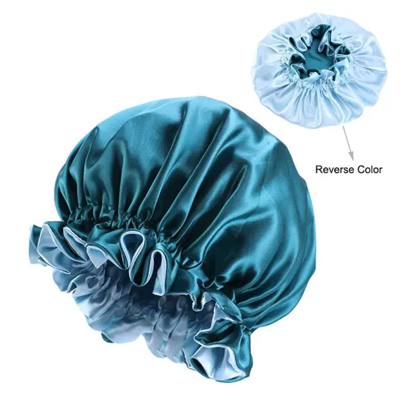 Women Double Layer Satin Sleep Bonnet Cap Large Solid Color Adjustable Elastic Ruffles Reversible Hair Loss round Night Hat