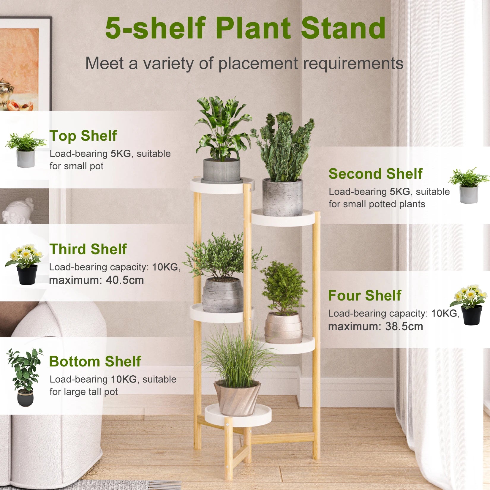 Bamboo Plant Stands Indoor, 5 Tier Tall Corner Plant Stand Holder & Plant Display Rack for Outdoor Garden Indoor Home