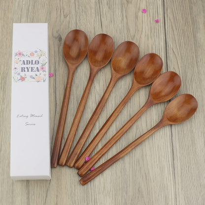 Wooden Spoons, 6 Pieces 9 Inch Wood Soup Spoons for Eating Mixing Stirring, Long Handle Spoon with Japanese Style Kitchen Utensil,  Eco Friendly Table Spoon