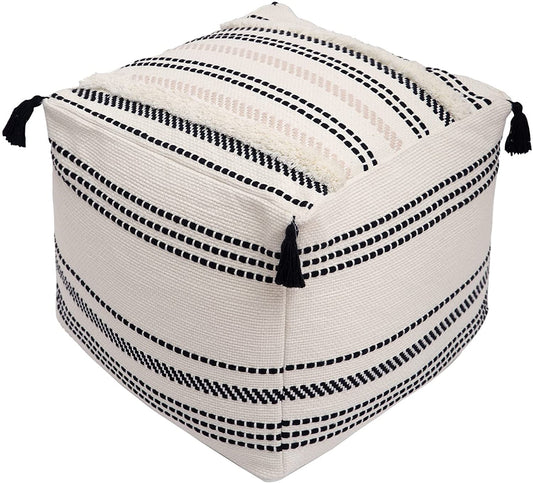 Stripe Morocco Tufted Boho Decorative Unstuffed Pouf - Black Cream Casual Ottoman Pouf Cover with Big Tassels, Neutral Foot Rest/Cushion Cover ONLY for Bedroom Living Room, 18"X18"X16"