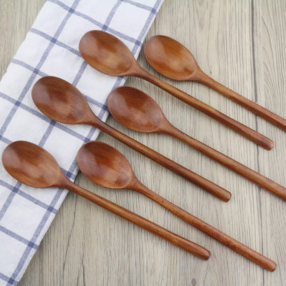 Wooden Spoons, 6 Pieces 9 Inch Wood Soup Spoons for Eating Mixing Stirring, Long Handle Spoon with Japanese Style Kitchen Utensil,  Eco Friendly Table Spoon