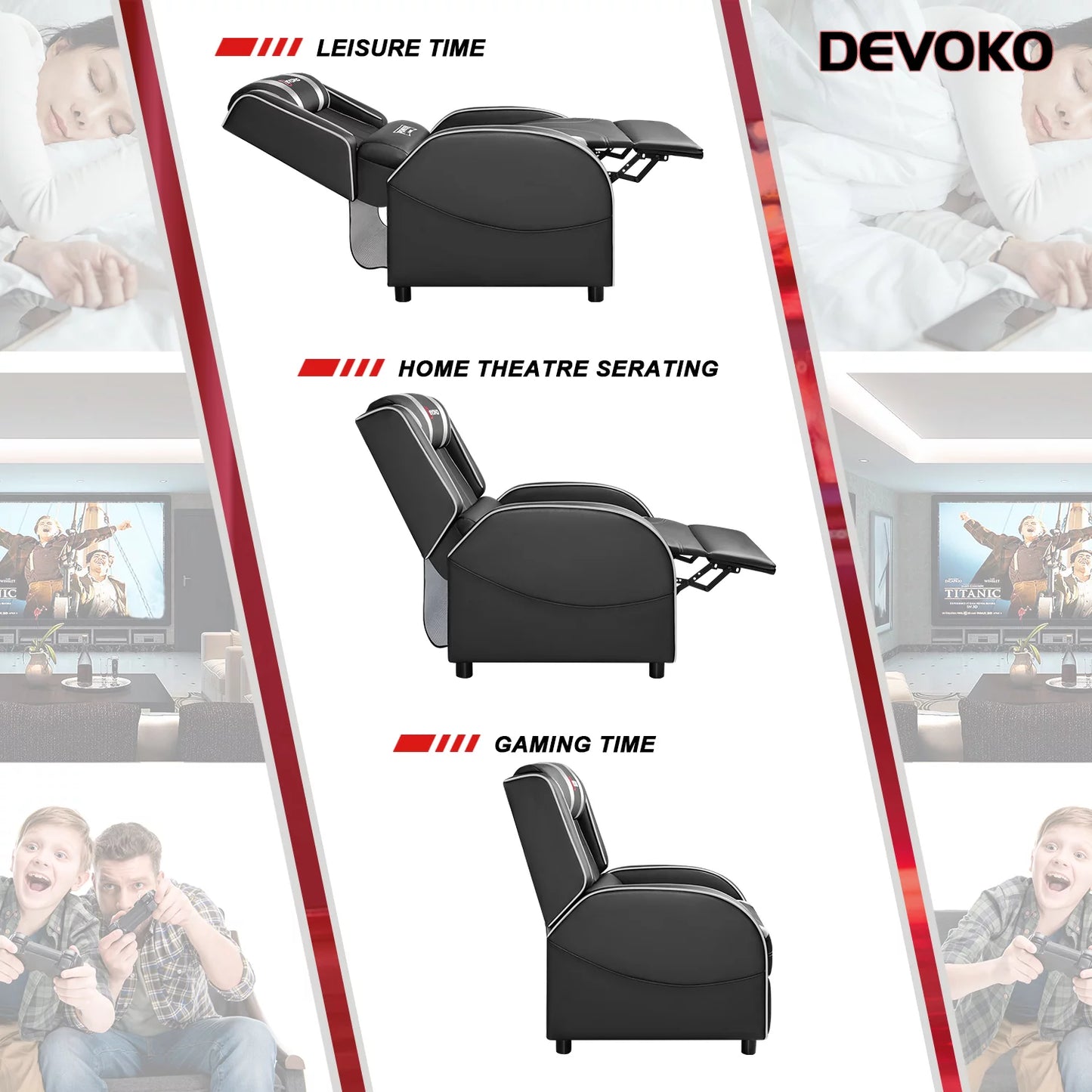 Massage Gaming Recliner Chair PU Leather Home Theater Seating Single Modern Living Room Sofa Recliners, Silver